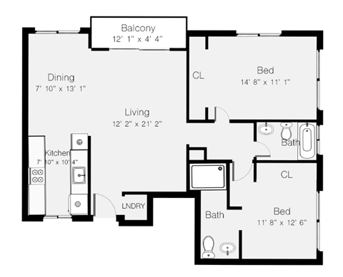Floor plan for 1 bed, 1 bath, 761 sqft